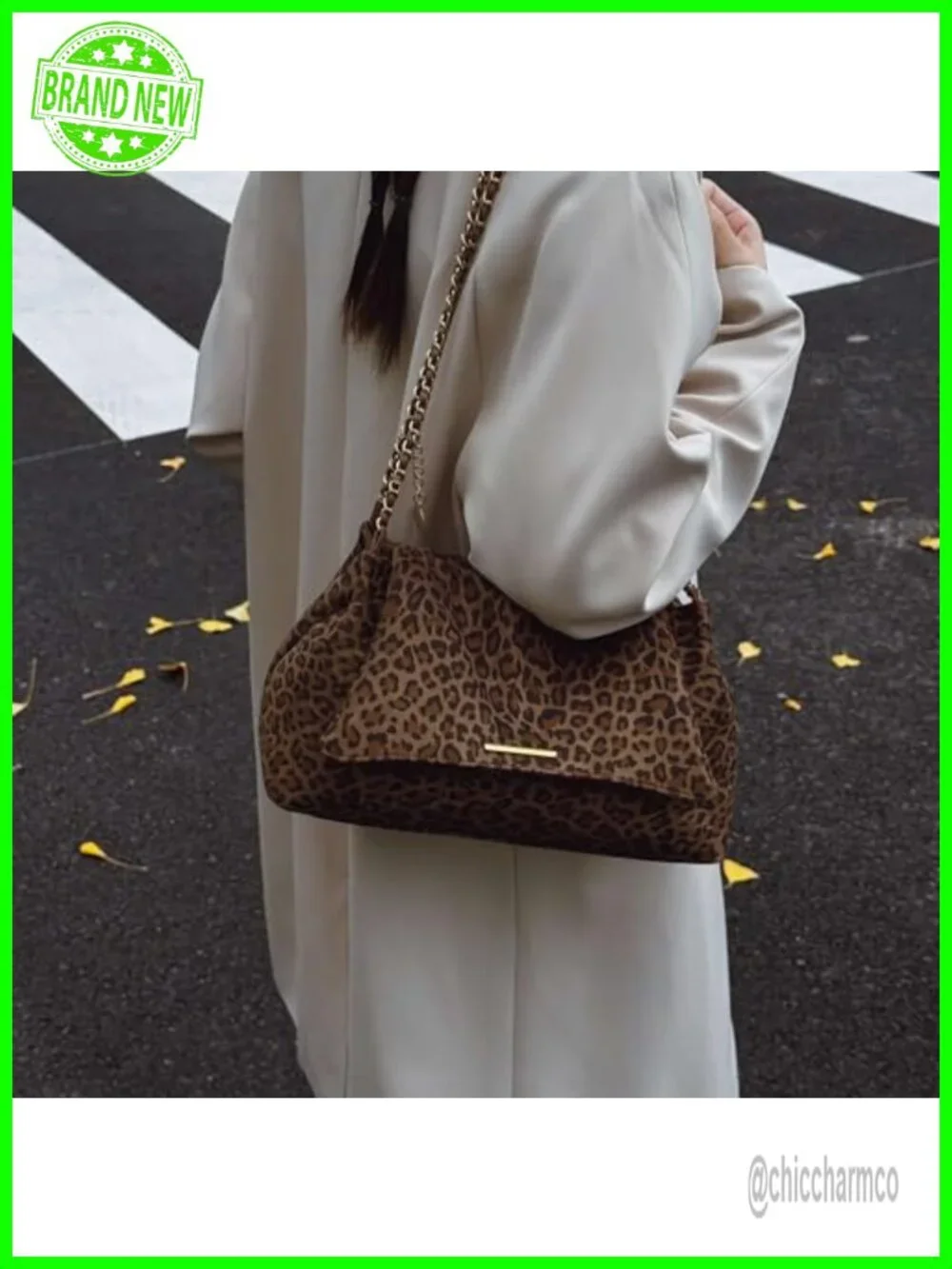 Leopard Print Suede Hobo Shoulder Crossbody Bag with Chain Strap